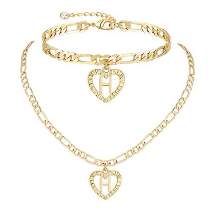 YANODA Gold Initial Pendant Necklace Anklet Bracelet for Women 14K Gold Plated Figaro Chain Letter Initial Heart Necklace Anklets Alphabet Foot Jewelry Personalized Jewelry for Women - style: H