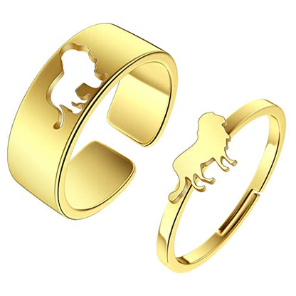 2PCS Matching Cute Animals Promise Engagement Rings for Couples Men Women Jewelry Band Sets 316L Stainless Steel Adjustable Open Ring - color: Lion-g