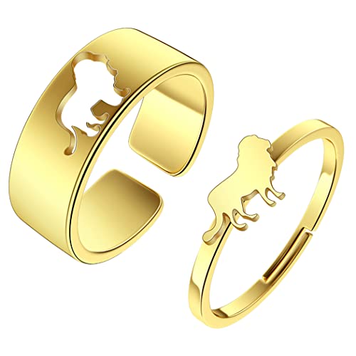 2PCS Matching Cute Animals Promise Engagement Rings for Couples Men Women Jewelry Band Sets 316L Stainless Steel Adjustable Open Ring - color: Lion-g