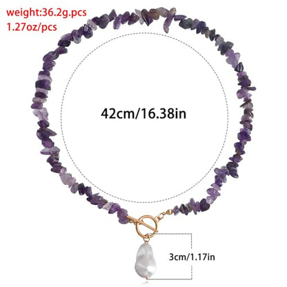 Bohemian Stone Pearl Choker Necklace for Women Dainty Natural Irregular Stone Choker Turquoise Beaded Lariat Necklace Simple Fashion OT Toggle Spiritual Handmade Jewelry - color: Purple