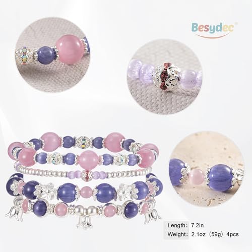 Besydec Stackable Boho Beaded Bracelets With Natural Stone & Pearl Heart & Clay Beads for Women,Adjustable Silver Jewelry - color: Purple Pink