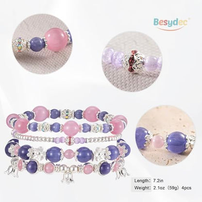 Besydec Stackable Boho Beaded Bracelets With Natural Stone & Pearl Heart & Clay Beads for Women,Adjustable Silver Jewelry - color: Purple Pink