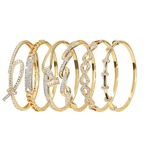 Pack of 6 - Gold Bracelet Bangles Bulk Set for Women,Trendy Stackable, Zinc Alloy Rivet & Four-Leaf Clover Design Stackable Bangles with Rhinestones, 7-inch Circumference Fits Most Adults, Jewelry Gift for Her, Girlfriend, Wife, Mom, Sister, Lover on Birt