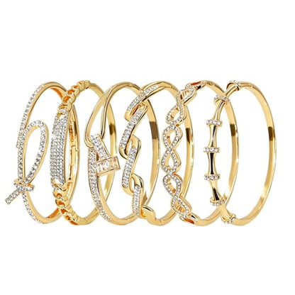 Pack of 6 - Gold Bracelet Bangles Bulk Set for Women,Trendy Stackable, Zinc Alloy Rivet & Four-Leaf Clover Design Stackable Bangles with Rhinestones, 7-inch Circumference Fits Most Adults, Jewelry Gift for Her, Girlfriend, Wife, Mom, Sister, Lover on Birt