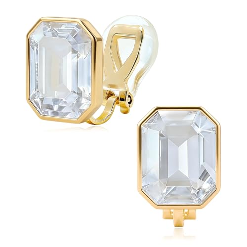 Octagon Austrian Crystal Non Pierced Clip On Earrings for Women | 14K Gold-Plated,Silicone Comfort Pad,Great for Unpierced Ears, Gift Box Included,Brighten Up Daily Outfits - color: Clear White