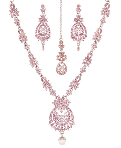 Touchstone Indian jewelry sets for women maang tikka wedding guest gold necklace bollywood jewellery set pageant elegant prom bride accessories western crystal chunky rhinestone necklaces - color: 1 Pink light in white plating