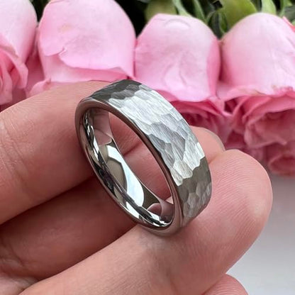 TUTISS 6mm 8mm Silver/Black/Gunmetal/Gold/Rose Gold Hammered Tungsten Rings for Men Women Couple Fashion Jewelry Engagement Wedding Bands Matte Finish Comfort Fit - color: 6mm Silver I Love You Engraved