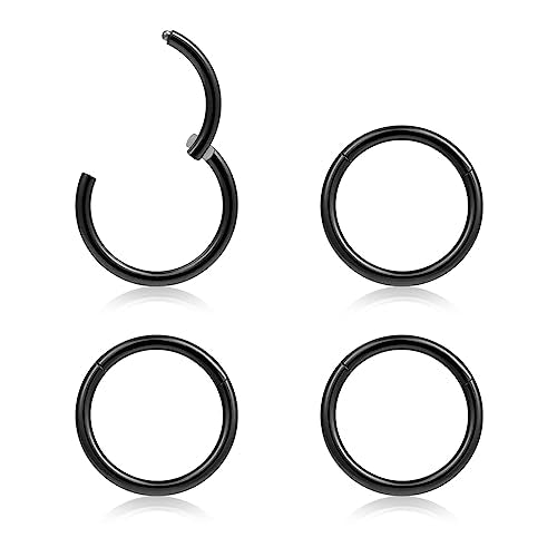 4Pcs 16G 18G 20G Surgical-Steel-Piercing-Ring-Nose-Rings-Hinged-Hoop-Earrings,6mm 8mm 10mm 12mm Seamless Stainless Steel Clicker Eyebrow Septum Piercing Hoop,Sliver Black Gold Rose Gold Rainbow Body Jewelry Set - color: 18G 8mm Black