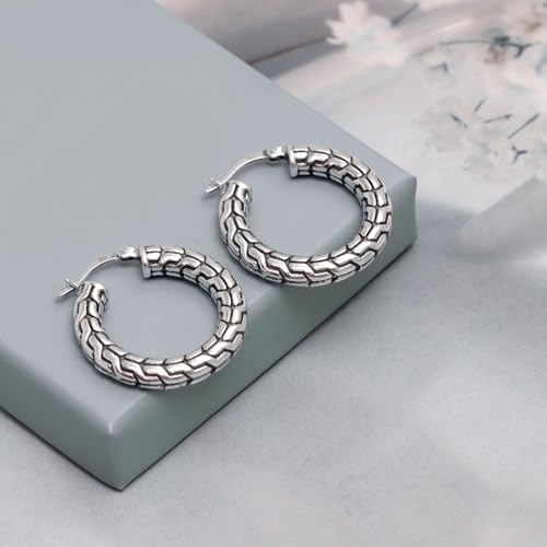 LeCalla Sterling Silver Hoop Earrings for Women | Lightweight Silver Chunky Hoop Earrings | Handmade Electroform Hollow Italian Design Click-Top Earrings Hoop - color: Bali Carved Chain