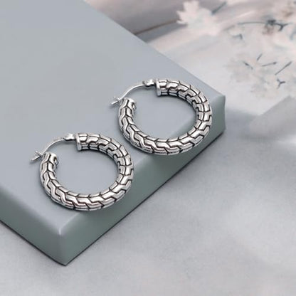LeCalla Sterling Silver Hoop Earrings for Women | Lightweight Silver Chunky Hoop Earrings | Handmade Electroform Hollow Italian Design Click-Top Earrings Hoop - color: Bali Carved Chain