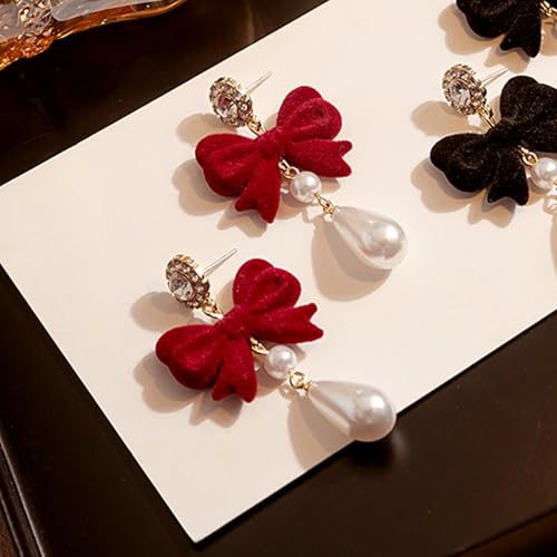 Pearl Bow Earrings for Women Coquette Aesthetic Jewelry Rhinestone Bow Earrings for Bridesmaids Wedding Party Accessories Bridal Costume Accents Bowknot Themed Gifts - color: H1: Red Bow Pearl Earrings
