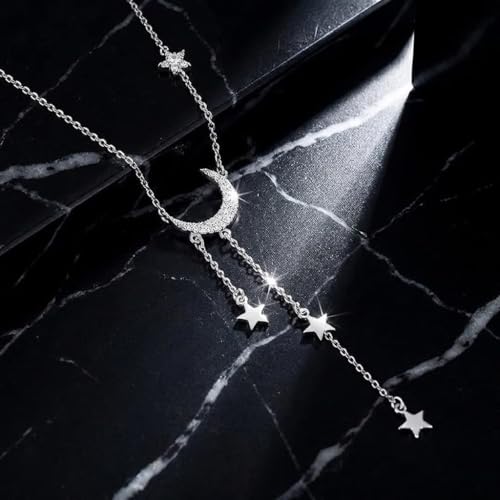 Silver Crescent Moon & Star Lariat Necklace for Women,Cubic Zirconia Draping Stars Charms Y-Necklace,Dainty Celestial Jewelry,Moon Star Necklaces for Birthday,Anniversary & Everyday Wear