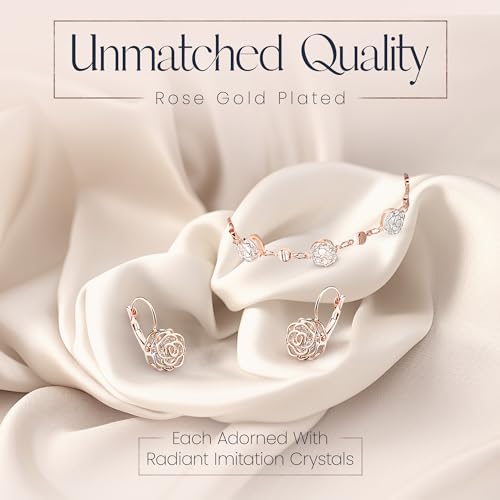 Women 18K Gold Plated White Crystal Roses Flower Set Necklace Earrings Bracelet for Women Wedding Party Bridal Bridesmaid Accessories - color: Rose gold