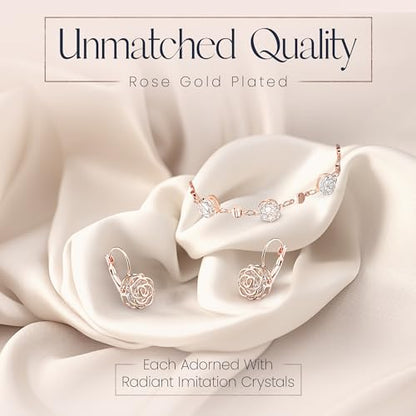 Women 18K Gold Plated White Crystal Roses Flower Set Necklace Earrings Bracelet for Women Wedding Party Bridal Bridesmaid Accessories - color: Rose gold