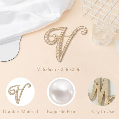 A-Z Initial 26 Letter Brooch Pins, Gold Faux Pearl Alphabet Badges Breastpin for Hat Bag Dress Coat Suit Accessory, Elegant Name Personalized Gifts for Women Men - color: V