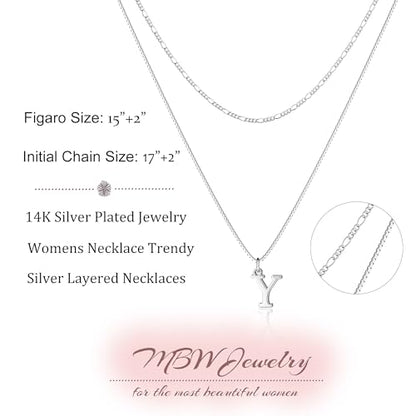 MBW Dainty Silver Layered Initial A-Z Pendant Necklaces for Women Thin | Simple Waterproof 925 Silver Plated Necklace Figaro Choker Monogram Name Jewelry Set Personalized - color: Silver InitIal NK-Y