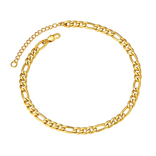 ChainsPro Resizable Anklet Chain for Women Men, Figaro/Wheat/Twist Rope/Cuban Foot Bracelet-Strong with Good Clasp-18K Gold Plated(Send Gift Box) - color: 03:figaro-5mm-gold plated