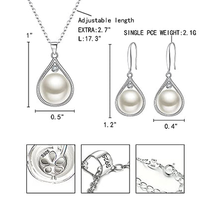 EleQueen 925 Sterling Silver CZ Freshwater Cultured Pearls Bridal Pendant Necklace Earrings Wedding Jewelry Sets, Valentine's Day/Mother's Day/Christmas Gift - style: Pearl Necklace Dangle Earrings