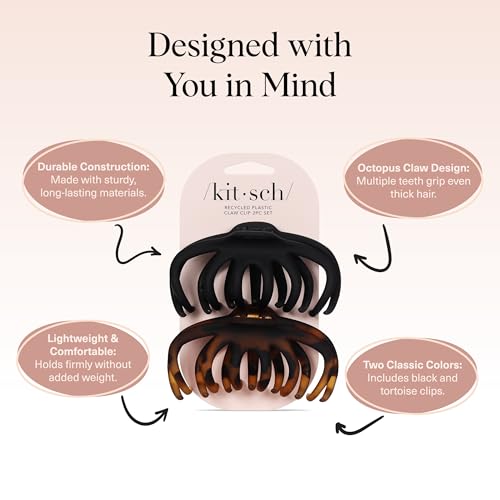 Kitsch Octopus Hair Clips For Women - Classic Black & Tortoise, 2pcs | Durable Recycled Plastic | Large Hair Clips for Thick Hair, Thin Hair | Comfortable Fit Claw Clip, Secure Hold All-Day