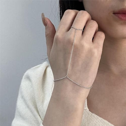 Kakikaki 925 Sterling Silver Finger Ring Bracelet Hand Chain for Women | Slave Bracelets 7" to 9" Adjustable - color: Silver, style: No Diamond
