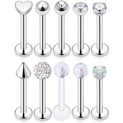 10pcs 16g 316L Stainless Steel Lip Ring 3mm Cubic Zirconia Labret Studs Monroe Cartilage Tragus Helix Earring Piercing Jewelry 8mm Bar Length for Women Men - color: 16g/10pcs/silver-tone