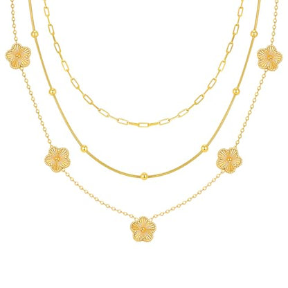 MPRAINBOW Gold Layered Necklace for Women - 3Pcs 18K Gold Plated Floral Necklaces, Stainless Steel Stackable Cuban Link Chain Non Tarnish Trendy Jewelry, Herringbone Chains Christmas Birthday Gifts - color: Gold 01