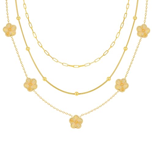 MPRAINBOW Gold Layered Necklace for Women - 3Pcs 18K Gold Plated Floral Necklaces, Stainless Steel Stackable Cuban Link Chain Non Tarnish Trendy Jewelry, Herringbone Chains Christmas Birthday Gifts - color: Gold 01