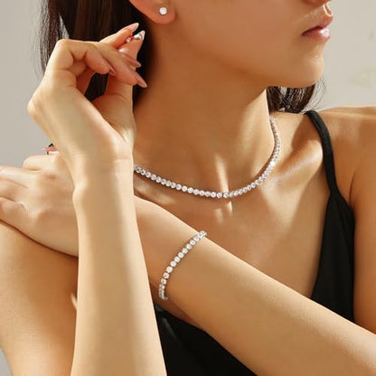Tennis Jewelry Set for Women 4mm Cubic Zirconia Necklace Bracelet Earring 3Pcs Set Silver Tone Hypoallergenic Iced Out CZ Bridal Accessories Dainty Wedding Party Anniversary Birthday Gift for Her - color: silver 13 inches + 2 inches