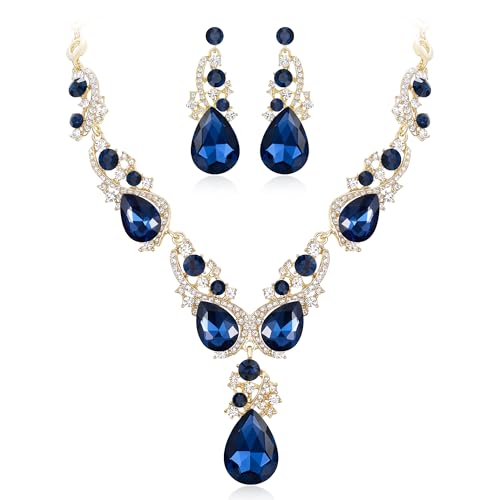 Women's Wedding Bridal Crystal Multi Teardrop Cluster Statement Necklace Dangle Earrings Set - color: Sapphire Color Gold-Tone