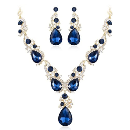 Women's Wedding Bridal Crystal Multi Teardrop Cluster Statement Necklace Dangle Earrings Set - color: Sapphire Color Gold-Tone