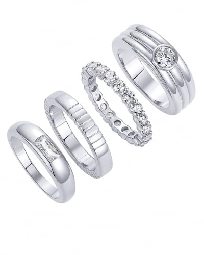 PAVOI 14K Gold Plated Stackable Rings for Women - Dainty Stackable Gold Ring Set of Four with Cubic Zirconia Multi-Bands - Trendy Fashion Jewelry - color: White Gold