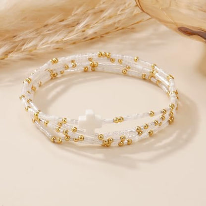 Christian Cross Christmas Stackable Seed Beaded Bracelets for Women, Boho Colorful Healing Stretch Accessories God Christ Pray Faith Amulet Jewelry, Daily Party Holiday Friendship Gift - color: White