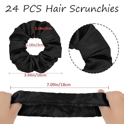 Jaciya Satin Scrunchies for Women Black Hair Scrunchies Elastic Hair Ties | 24 Pack Elastic Hair Ties for Ponytails and Buns - color: Black