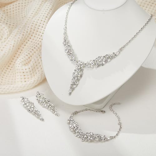 EleQueen Statement Sparkle Crystal Necklace Bracelet Dangle Earrings Set for Women, Art Deco Prom Chandelier Jewelry for Wedding Bridal - color: White-Silver-Plated-Base