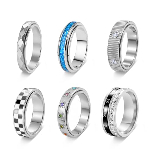 LOFITOR Fidget Band Rings Set for Women Fidget Rings for Anxiety 6pcs Stainless Steel Spinner Anti Anxiety Ring Spinning Stress Relief CZ Rings for Women Men - color: F-Silver