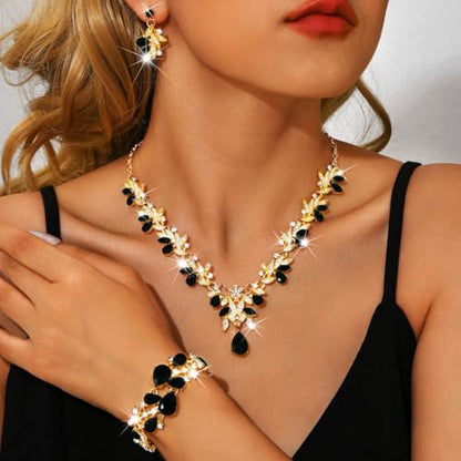 Sixexey Bridal Wedding Jewelry Set Crystal Neck Jewelry Rhinestone Wedding Prom Jewelry Accessories for Women - color: Black Crystal