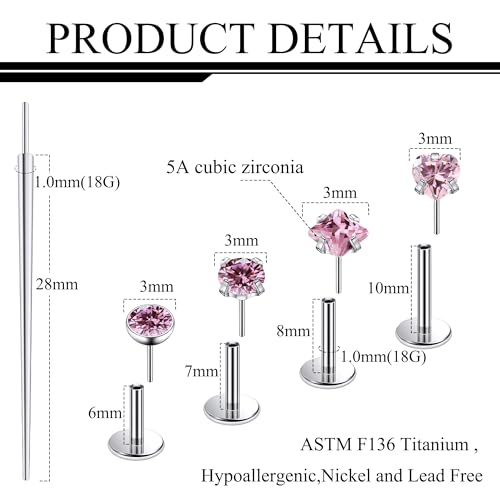 Ruifan Titanium Flat Back Lip Rings Threadless Push in Earrings Studs Nose Rings 20G 18G 16G Round Heart Square CZ Tragus Cartilage Lobe Rook Helix Conch Labret Medusa Piercing Jewelry for Women Men - color: Pink CZ, size: 18G-6/8/10mm