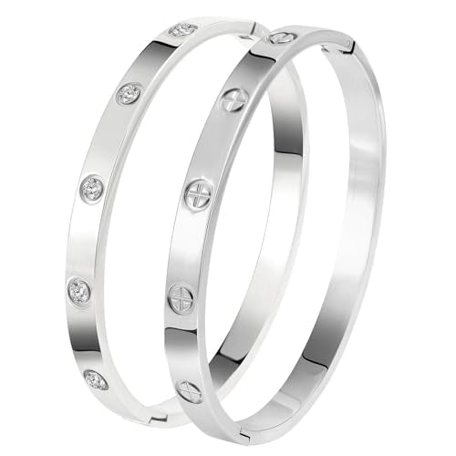 Camhanno Gold Bangles for Women - Stainless Steel Love & Friendship Bracelet Set with Gift Box | Daily Wear & Party Jewelry - color: 2Pcs Silver Set Style 3
