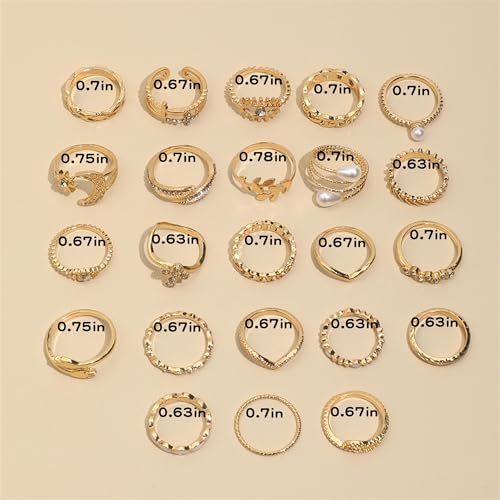 HUASAI Gold Stackable Rings Set for Women Boho Dainty Moon Star Pearl Leaf Cubic Zirconia Heart Midi Pinky Trendy Jewelry Birthday Gifts - color: H Gold 23 Pcs