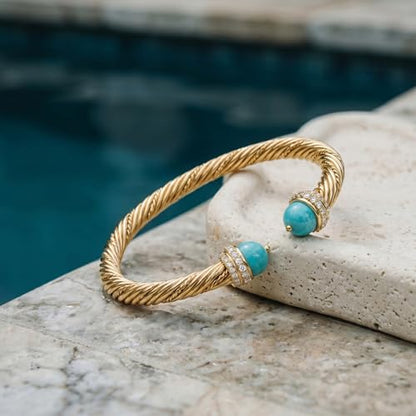 Fettero Gold Cuff Bangle Bracelets for Women - Adjustable Open Cuff Bangles 14K Gold Plated Charm Twisted Cable Bangle Bracelet for Mom Dainty Jewelry Gift - color: Teal