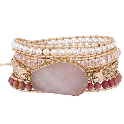Plumiss Women Boho Handmade Natural Stone Crystal Leather Bead Wrap Bracelets Collection - style: Rose Quartz 5W