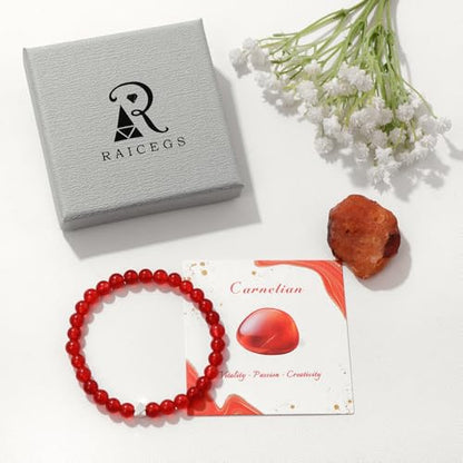 Raicegs 4 6 8MM Beaded Bracelets Healing Crystal Bracelet for Women Men Natural Stone Handmade Stretch Bracelet Reiki Spiritual Jewelry - color: Carnelian, size: 6mm