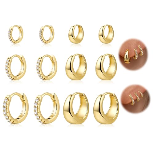 HILXURY 6 Pairs Small Gold Huggie Hoop Earrings for Women, 14K Gold Plated Cartilage Piercings Hoop Earrings Hypoallergenic, Trendy Lightweight Chunky Hoops Set for Women Gifts. - color: E- Gold