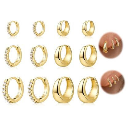 HILXURY 6 Pairs Small Gold Huggie Hoop Earrings for Women, 14K Gold Plated Cartilage Piercings Hoop Earrings Hypoallergenic, Trendy Lightweight Chunky Hoops Set for Women Gifts. - color: E- Gold