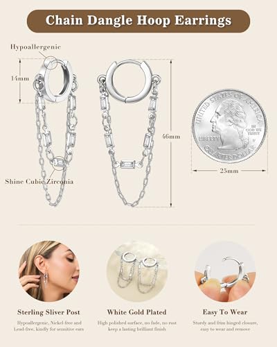 Tassel Chain Small Gold Hoop Dangle Earring For Women Huggie Earring Heart Star CZ 14K Gold Plated Fashion Jewelry Graduation Gift for Her Mothers Day Gifts for Mom - color: Rectangle-Silver
