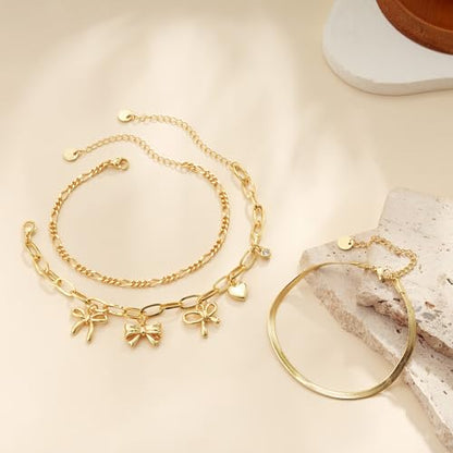 3PCS Charm Gold Bracelets for Women Non Tarnish,14k Plated Gold Bracelet Stack Cute Dainty Stackable Trendy Bow Cross Clover Bracelets Set Tarnish Free Gold Jewelry for Women Gifts - color: Bow-Gold