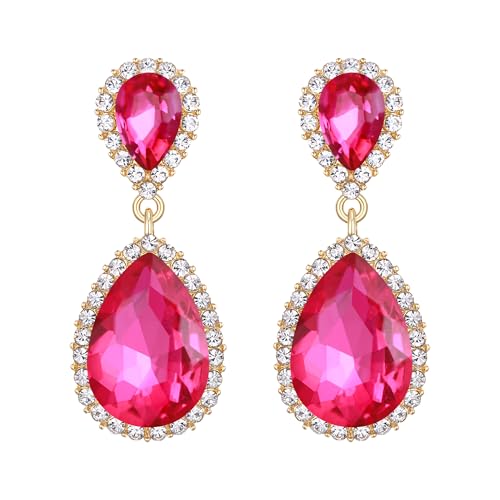EVER FAITH Women's Austrian Crystal Wedding Tear Drop Dangle Earrings | Bridal Prom Jewelry for Bride Bridesmaid - color: Hot Pink