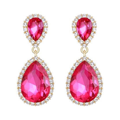 EVER FAITH Women's Austrian Crystal Wedding Tear Drop Dangle Earrings | Bridal Prom Jewelry for Bride Bridesmaid - color: Hot Pink