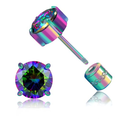 Titanium Flat Back Surgical Stainless Steel Stud Earrings for Women Men,Birthstone Stud Earrings Hypoallergenic Double Side 5A Cubic Zirconia Studs Jewelry 6mm - color: Colorful-Rainbow CZ