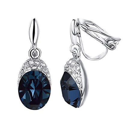 Yoursfs Wedding Clip on Earrings For Women 18K Gold Plated Halo Big Austrian Crystal Dangle Earring Birdal Jewelry - color: Blue